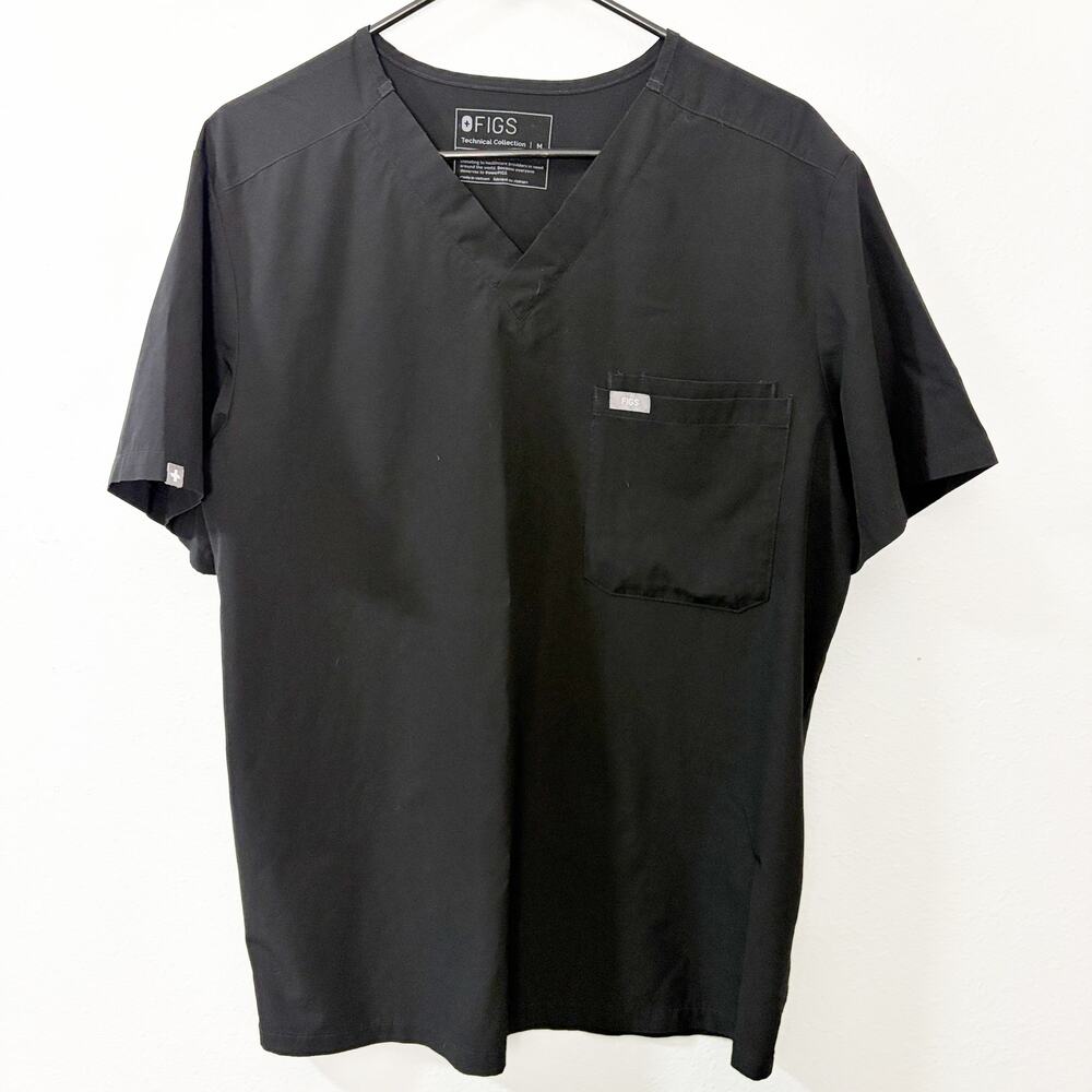Figs Men's Sz M Black Leon Three Pocket Scrub Top Short Sleeve V-Neck Tech Nurse